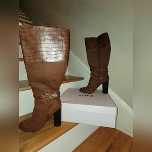 Brown Faux Suede & Faux Leather Knee High Boots